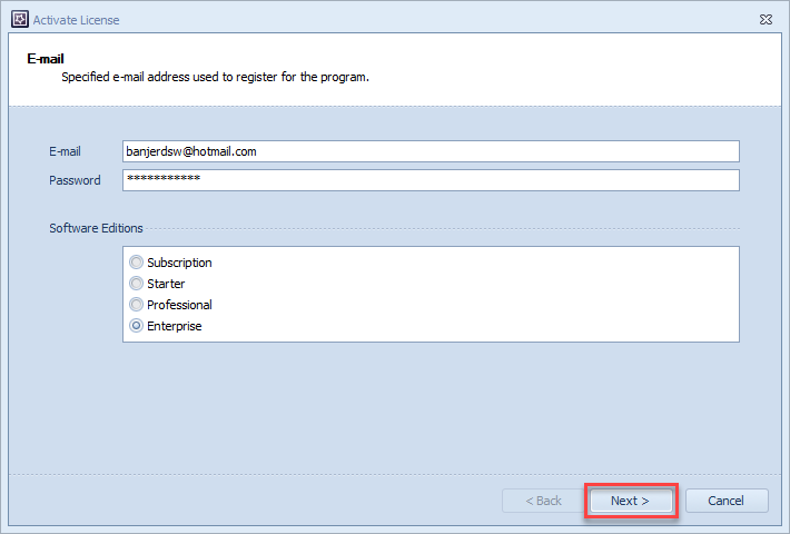 ระบุ E-mail, Password และรุ่นของซอฟต์แวร์ ที่ได้รับจากผู้จำหน่าย แล้วคลิกที่ปุ่ม Next
