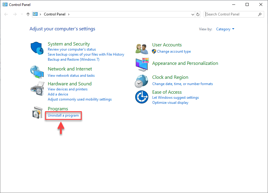 เปิด Control Panel แล้วคลิก Uninstall a program