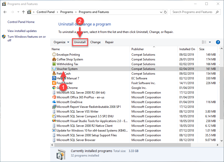 เลือก Voucher System แล้วคลิกที่ Uninstall