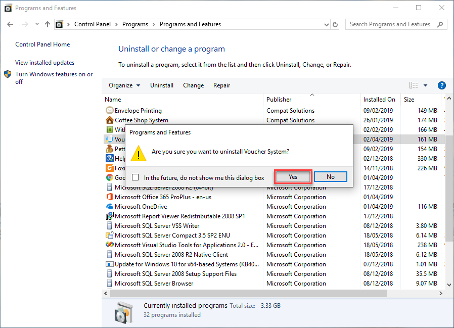 คลิกที่ Yes เพื่อทำการ Uninstall